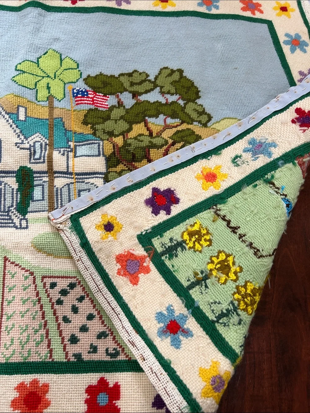 Vintage Handcrafted Needlepoint Tapestry – Country Estate & Garden Scene